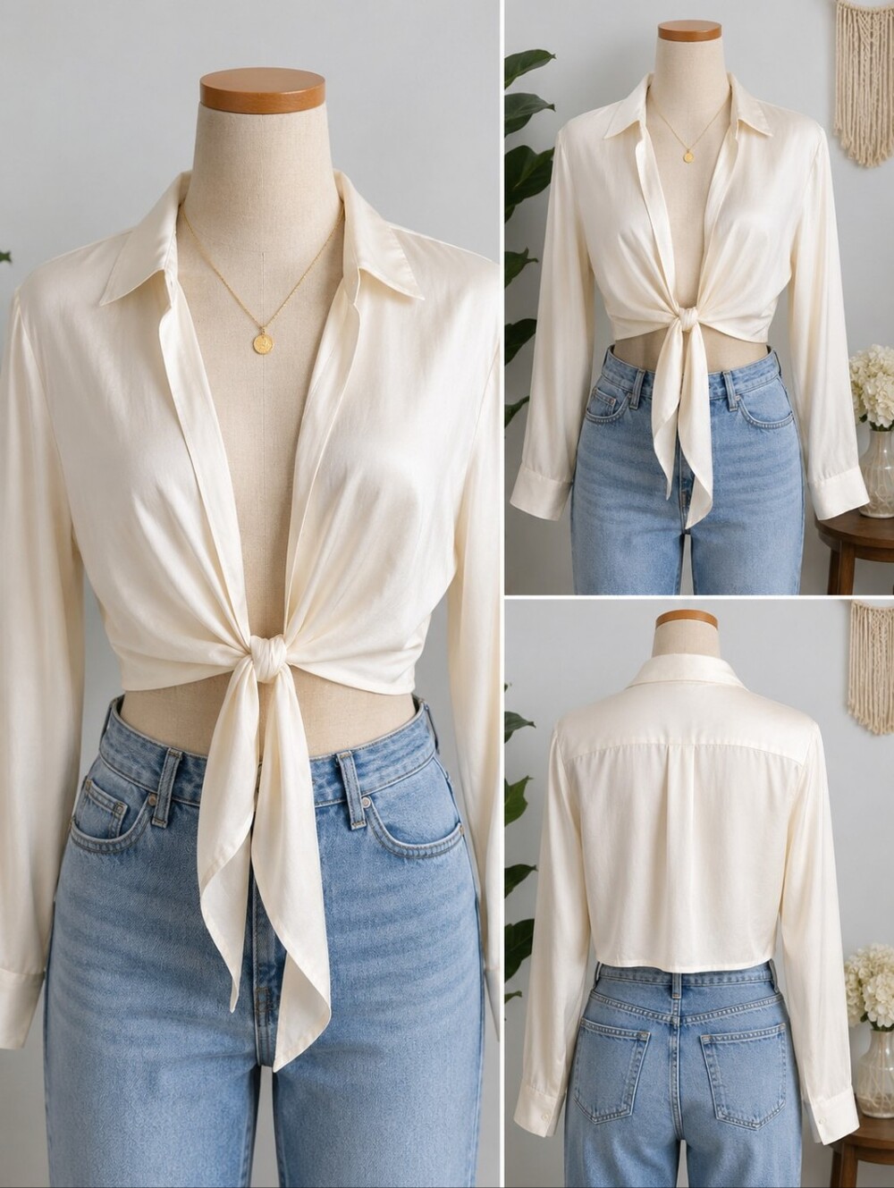 Victoria's Secret Ivory Tie Front Satin Blouse Crop Top Size L